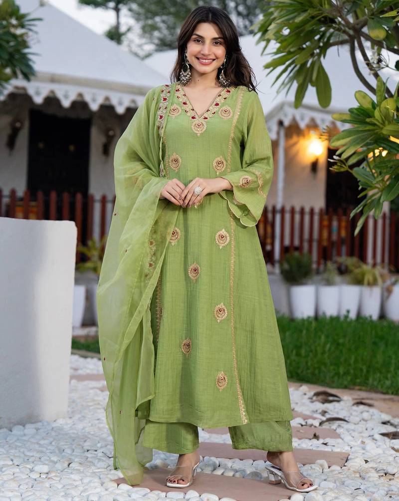 Pista green embroidered crunchy kurta pant set