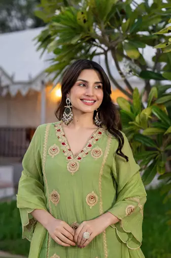 Pista green embroidered crunchy kurta pant set