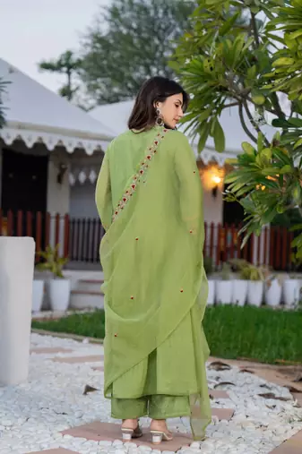 Pista green embroidered crunchy kurta pant set