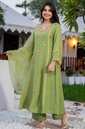 Pista green embroidered crunchy kurta pant set