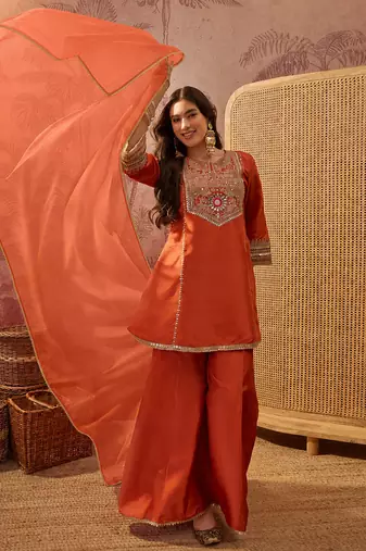 Orange embroidered french crepe short kurti set