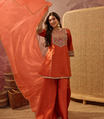 Orange embroidered french crepe short kurti set