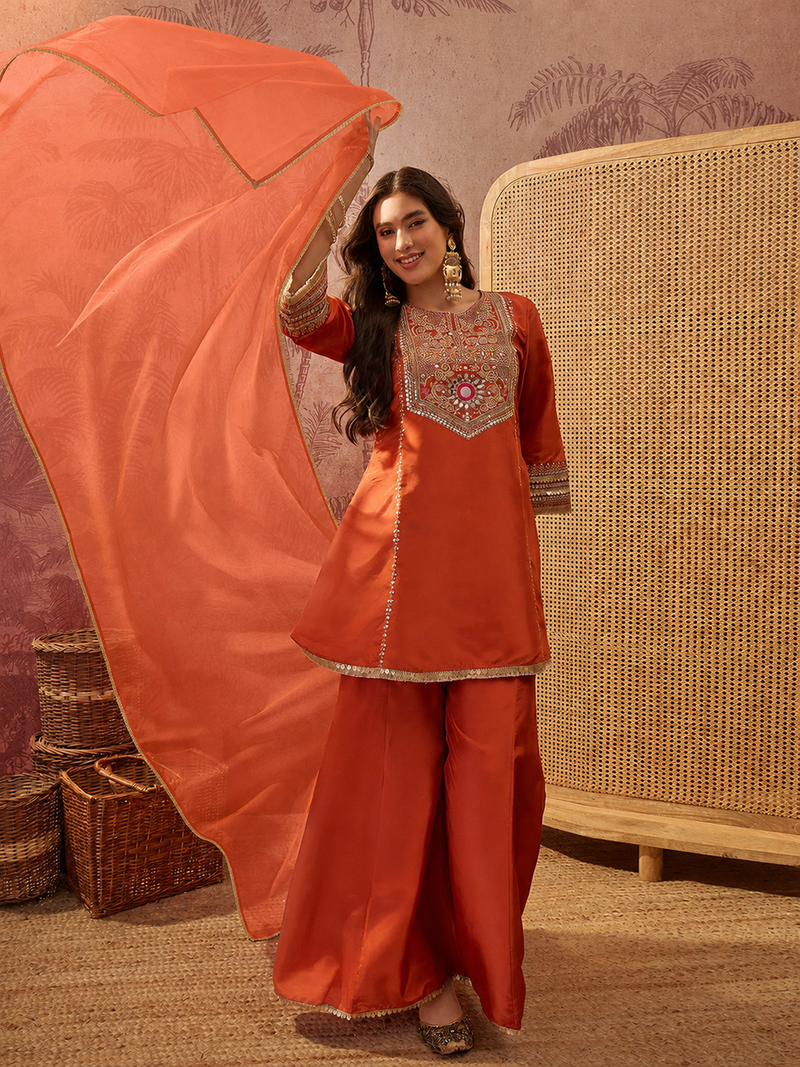 Orange embroidered french crepe short kurti set