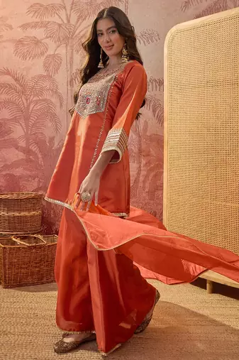 Orange embroidered french crepe short kurti set
