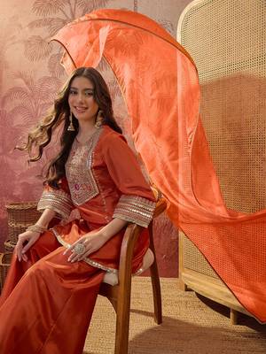 Orange embroidered french crepe short kurti set 4