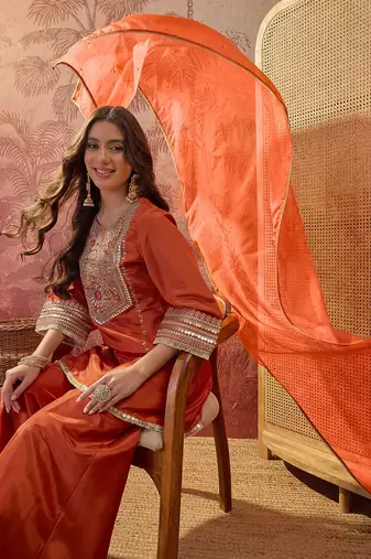 Orange embroidered french crepe short kurti set