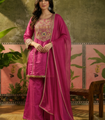 Pink embroidered french crepe short kurti set