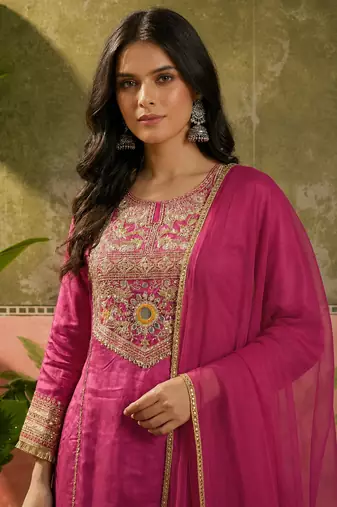 Pink embroidered french crepe short kurti set