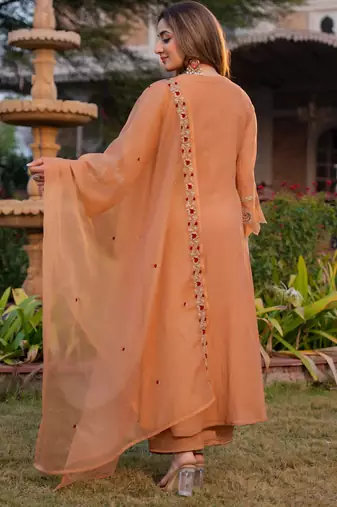 Peach embroidered crunchy kurta pant set