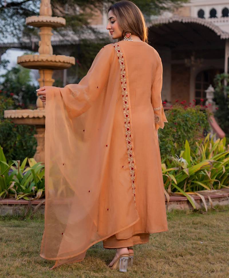 Peach embroidered crunchy kurta pant set