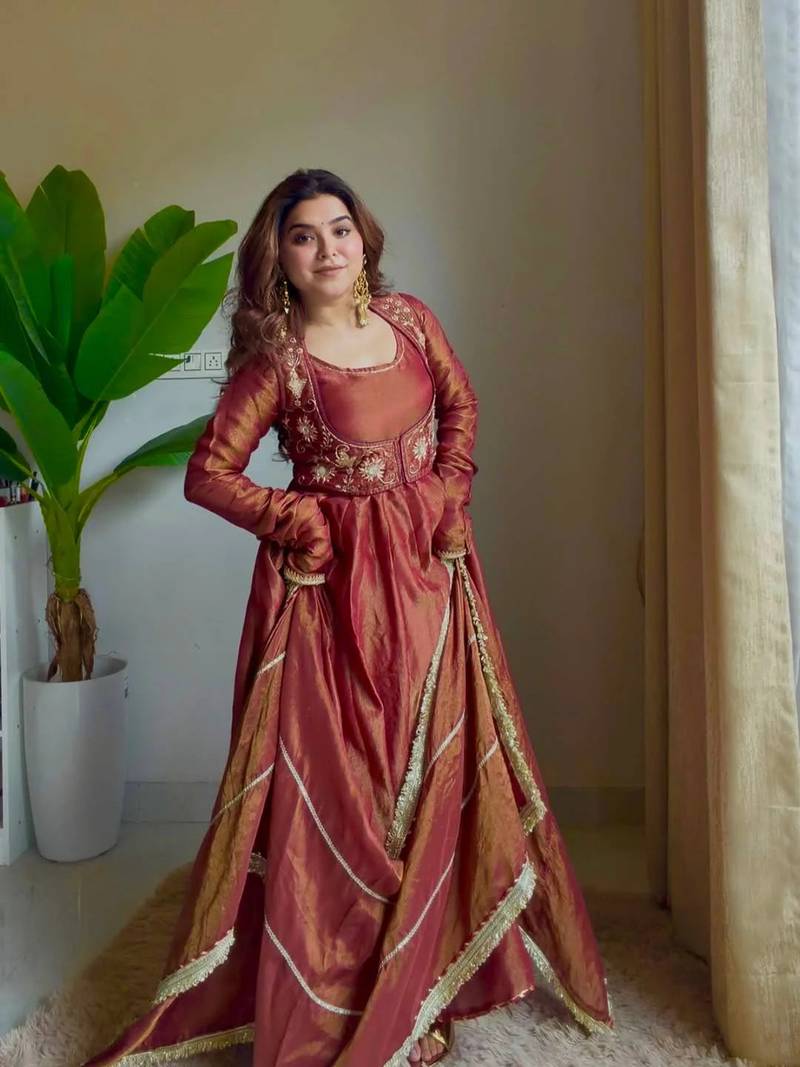Dusty rose moss chiffon kurta with chanderi bottom & dupatta set