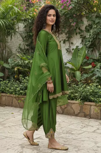 Green vichitra silk blend embroidered a-line kurta pant set