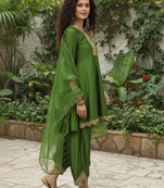 Green vichitra silk blend embroidered a-line kurta pant set