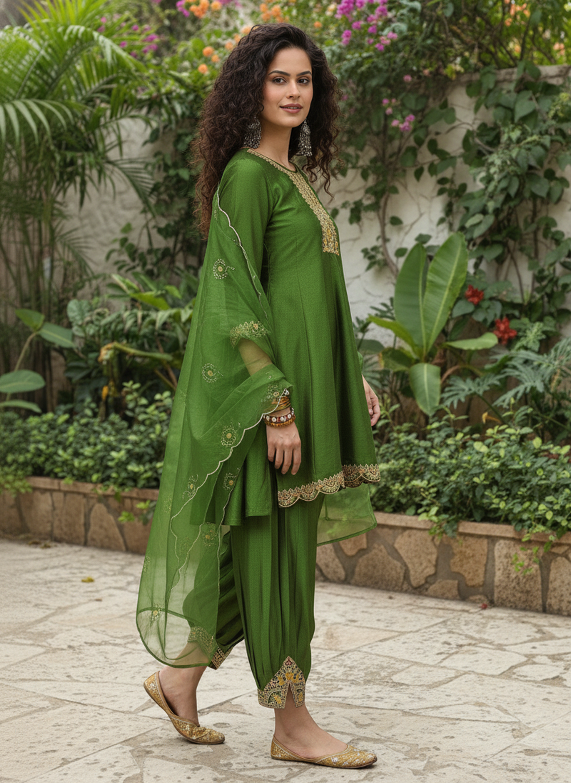 Green vichitra silk blend embroidered a-line kurta pant set
