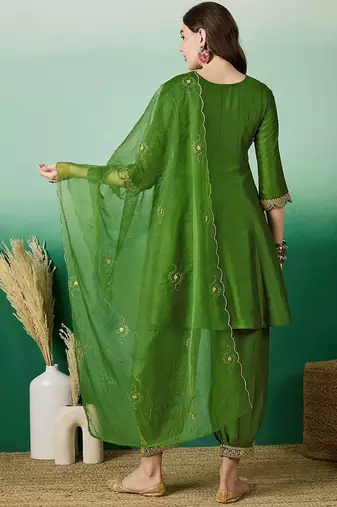 Green vichitra silk blend embroidered a-line kurta pant set