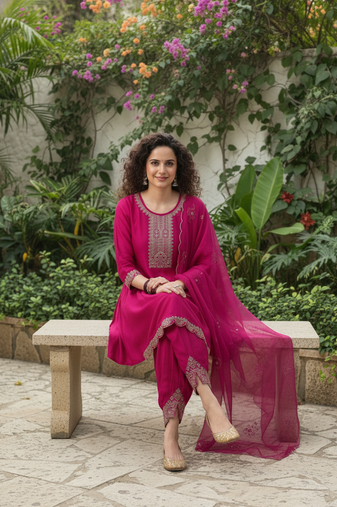 Rani pink vichitra silk blend embroidered a-line kurta pant set