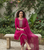 Rani pink vichitra silk blend embroidered a-line kurta pant set