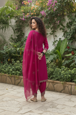 Rani pink vichitra silk blend embroidered a-line kurta pant set 2