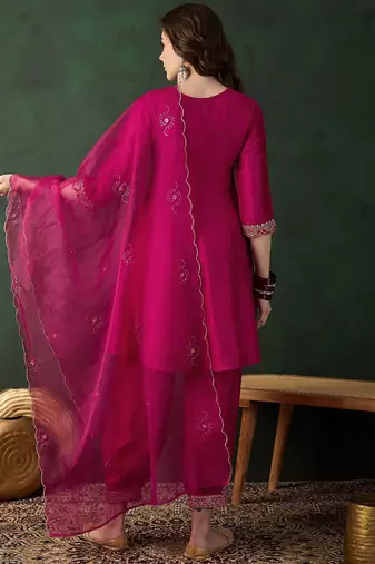Rani pink vichitra silk blend embroidered a-line kurta pant set