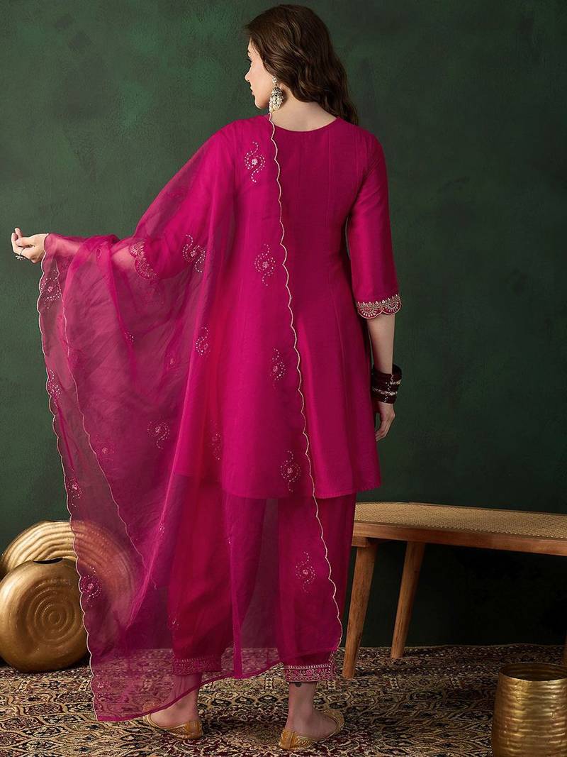 Rani pink vichitra silk blend embroidered a-line kurta pant set