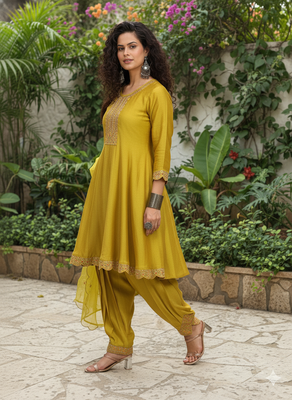 Yellow vichitra silk blend embroidered a-line kurta pant set 1