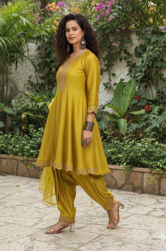 Yellow vichitra silk blend embroidered a-line kurta pant set