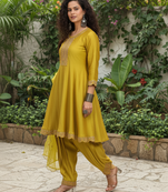 Yellow vichitra silk blend embroidered a-line kurta pant set