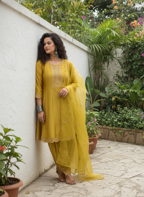 Yellow vichitra silk blend embroidered a-line kurta pant set 2