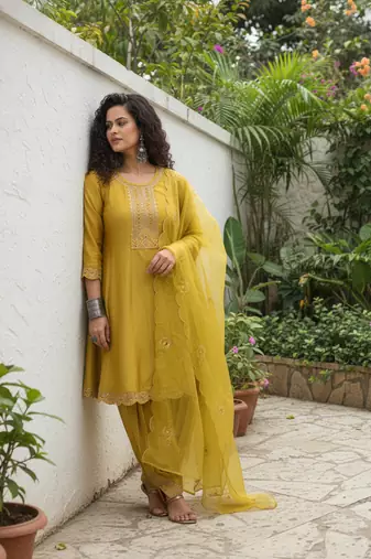 Yellow vichitra silk blend embroidered a-line kurta pant set