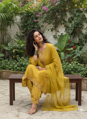 Yellow vichitra silk blend embroidered a-line kurta pant set 3