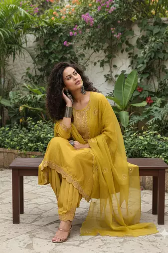 Yellow vichitra silk blend embroidered a-line kurta pant set