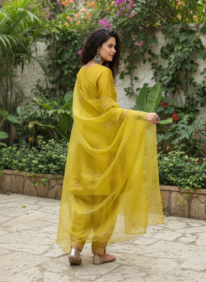 Yellow vichitra silk blend embroidered a-line kurta pant set 4