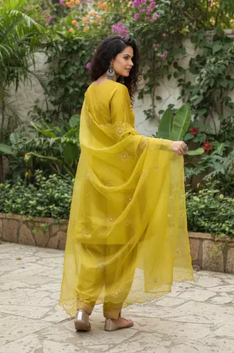 Yellow vichitra silk blend embroidered a-line kurta pant set