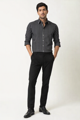 Men's Stripes Printed Casual Wear Spread Coller Black Shirt 1