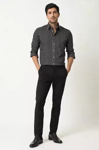 Men's Stripes Printed Casual Wear Spread Coller Black Shirt