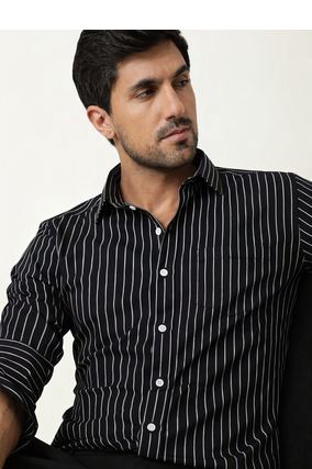 Men's Stripes Printed Casual Wear Spread Coller Black Shirt 2