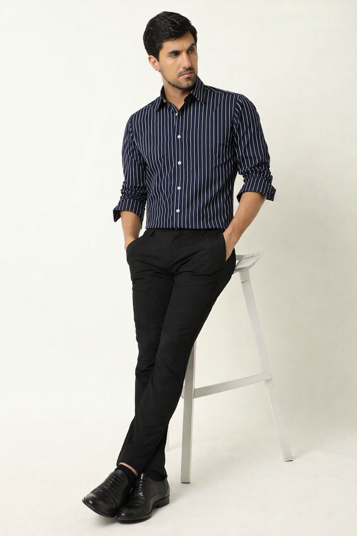 Men's stripes printed casual wear spread coller blue shirt