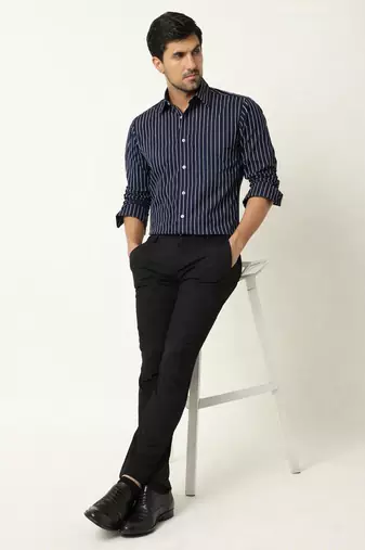 Men's stripes printed casual wear spread coller blue shirt