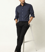 Men's stripes printed casual wear spread coller blue shirt