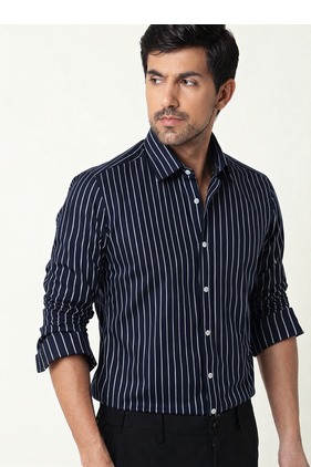 Men's stripes printed casual wear spread coller blue shirt 2