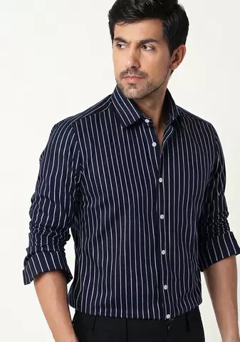 Men's stripes printed casual wear spread coller blue shirt