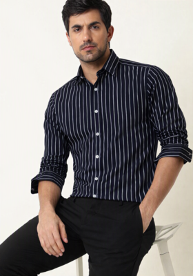 Men's stripes printed casual wear spread coller blue shirt 3