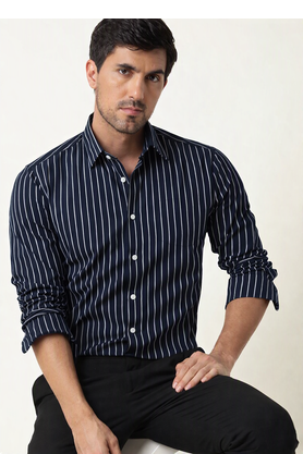 Men's stripes printed casual wear spread coller blue shirt 4