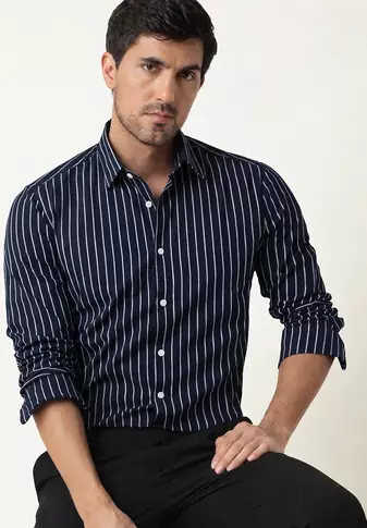 Men's stripes printed casual wear spread coller blue shirt