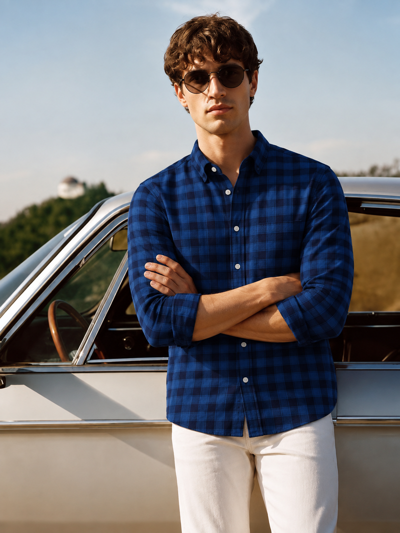 Men's Checkered Printed Spread Collar Casual Wear Blue Shirt