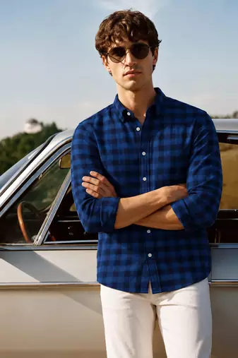 Men's Checkered Printed Spread Collar Casual Wear Blue Shirt