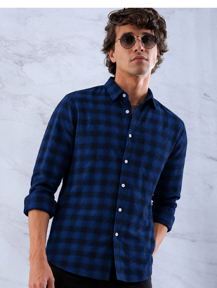 Men's Checkered Printed Spread Collar Casual Wear Blue Shirt 2