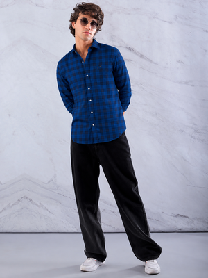 Men's Checkered Printed Spread Collar Casual Wear Blue Shirt 3