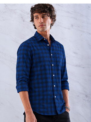 Men's Checkered Printed Spread Collar Casual Wear Blue Shirt 4