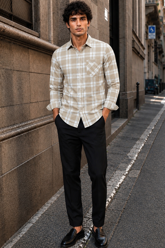 Men's Checkered Printed Spread Collar Casual Wear Brown Shirt